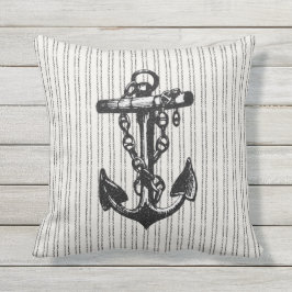 Nautical Pinstriped Anchor Black Outdoor Pillow Buitenkussen