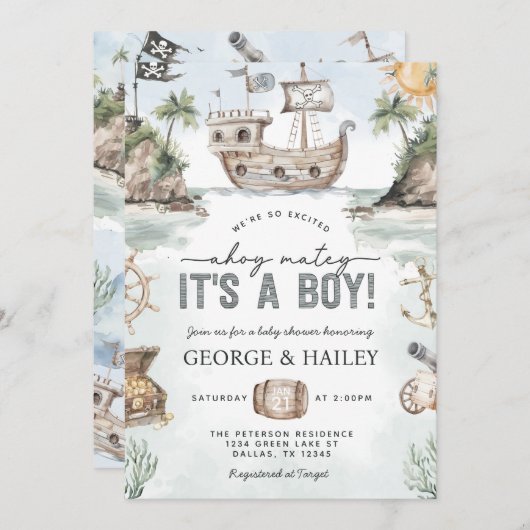 Nautical Pirate Baby shower Invitation Kaart (Voorkant / Achterkant)