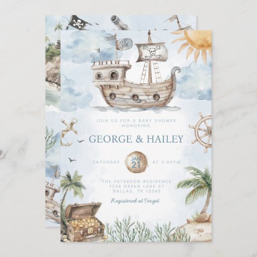Nautical Pirate Baby shower Invitation Kaart (Voorkant / Achterkant)