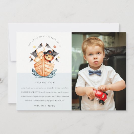 Nautical Pirate Ship Lion Cub Kinder Foto Birthday Bedankkaart (Voorkant)