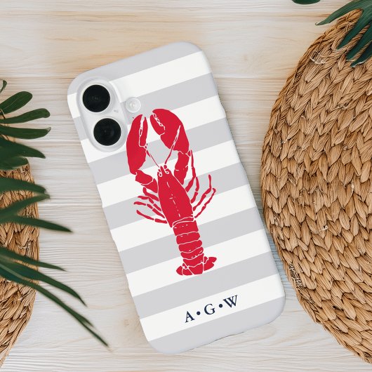 Nautical Preppy Grey Stripe & Lobster | Monogram Case-Mate iPhone Case