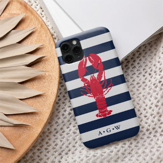 Nautical Preppy Navy Stripe & Lobster | Monogram iPhone 16 Hoesje