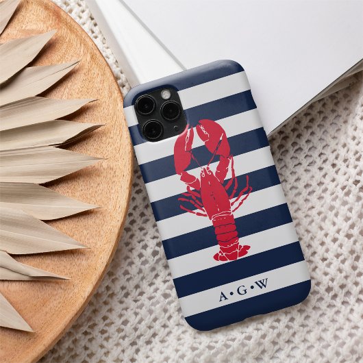 Nautical Preppy Navy Stripe & Lobster | Monogram Case-Mate iPhone Case