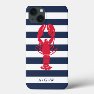 Nautical Preppy Navy Stripe & Lobster   Monogram iPhone 13 Hoesje