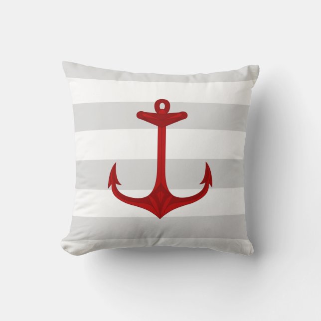 Nautical Red Anchor Grey White Stripes Kussen (Voorkant)