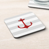 Nautical Red Anchor Grey White Stripes Onderzetter (Linkerzijde)