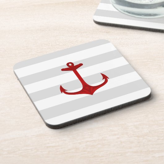 Nautical Red Anchor Grey White Stripes Onderzetter (Linkerzijde)
