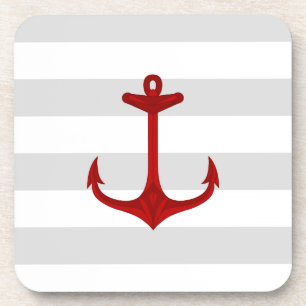 Nautical Red Anchor Grey White Stripes Onderzetter