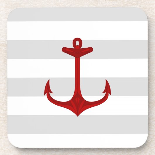 Nautical Red Anchor Grey White Stripes Onderzetter (Voorkant)