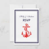 Nautical Red Anchor Navy Blue Framed 2V RSVP Kaartje (Voorkant)