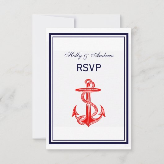 Nautical Red Anchor Navy Blue Framed 2V RSVP Kaartje (Voorkant)