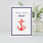Nautical Red Anchor Navy Blue Framed 2V RSVP Kaartje (Staand voorkant)
