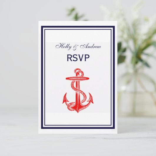 Nautical Red Anchor Navy Blue Framed 2V RSVP Kaartje (Staand voorkant)