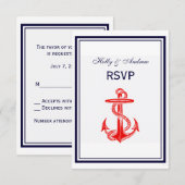 Nautical Red Anchor Navy Blue Framed 2V RSVP Kaartje (Voorkant / Achterkant)