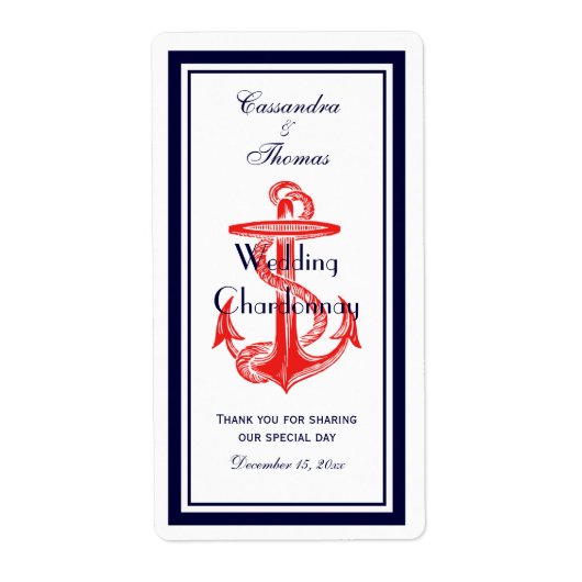 Nautical Red Anchor Navy Blue Framed V Wine Bottle Etiket (Voorkant)