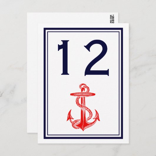 Nautical Red Anchor Navy Framed 2V Table Number Briefkaart (Voorkant / Achterkant)