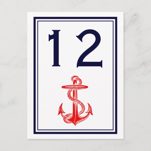 Nautical Red Anchor Navy Framed 2V Table Number Briefkaart (Voorkant)