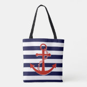 Nautical Red Anchor Navy Stripes Beach Tote Bag (Achterkant)