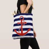 Nautical Red Anchor Navy Stripes Beach Tote Bag (Dichtbij)