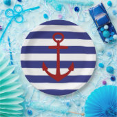 Nautical Red Anchor op blauwe en witte strepen Papieren Bordje (Feest)