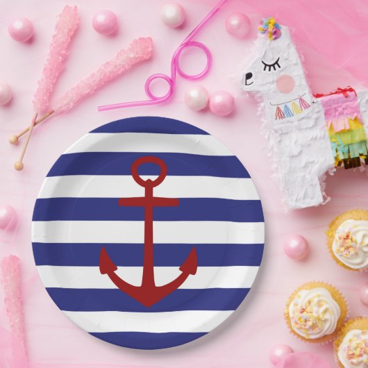 Nautical Red Anchor op blauwe en witte strepen Papieren Bordje (Feest)