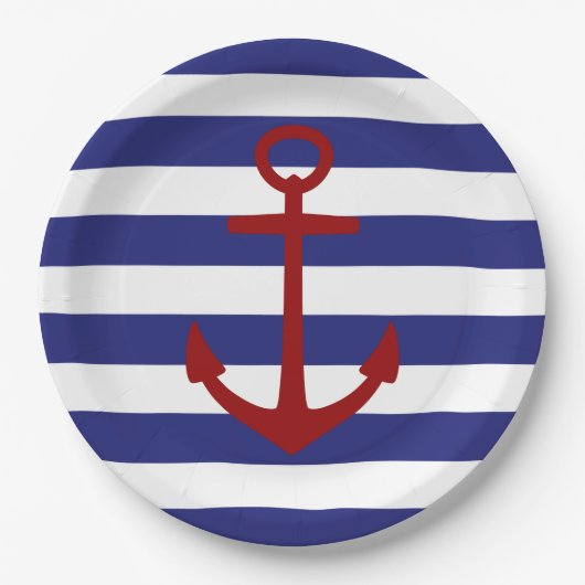Nautical Red Anchor op blauwe en witte strepen Papieren Bordje (Voorkant)