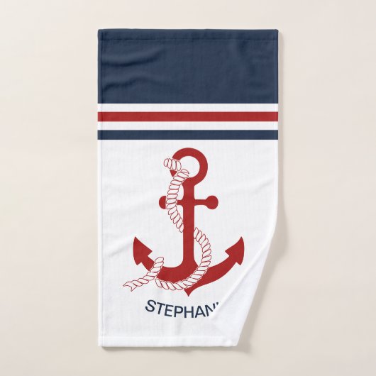 Nautical Red Anchor Red White Blau Stripes Bad Handdoek (Handdoek)