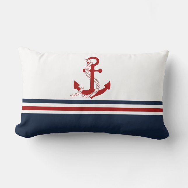 Nautical Red Anchor Red White Blau Stripes Kussen (Voorkant)