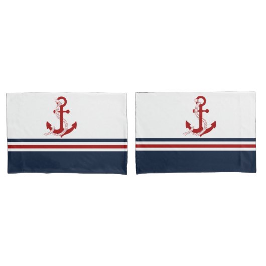 Nautical Red Anchor Red White Blau Stripes Kussensloop (Voorkant-Set)