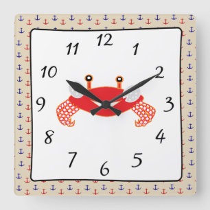 Nautical Red Anchors Crab-klok Vierkante Klok