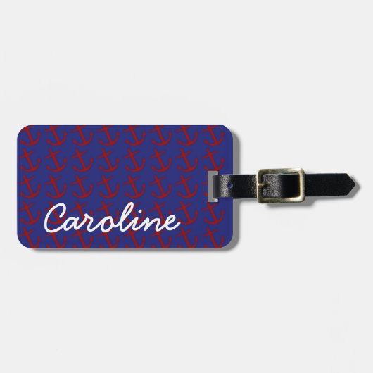 Nautical Red Anchors on Blue Personalized Bagagelabel (Voorkant horizontaal)