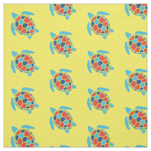 Nautical Red and Blue Zee Turtle Pattern on Yellow Stof
