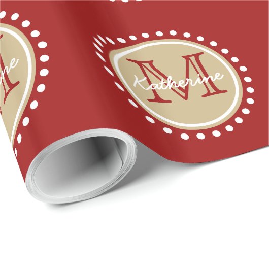 Nautical Red and Classic Khaki Polka Dot Monogram Cadeaupapier (Rol Hoek)