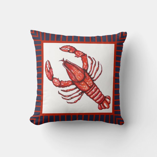 Nautical Red and Navy Border Waterverf Crawfish Kussen (Voorkant)