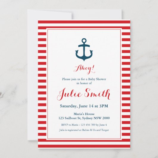 Nautical Red Baby shower Invitation Kaart (Voorkant)