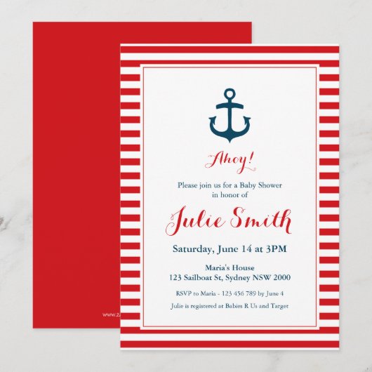 Nautical Red Baby shower Invitation Kaart (Voorkant / Achterkant)