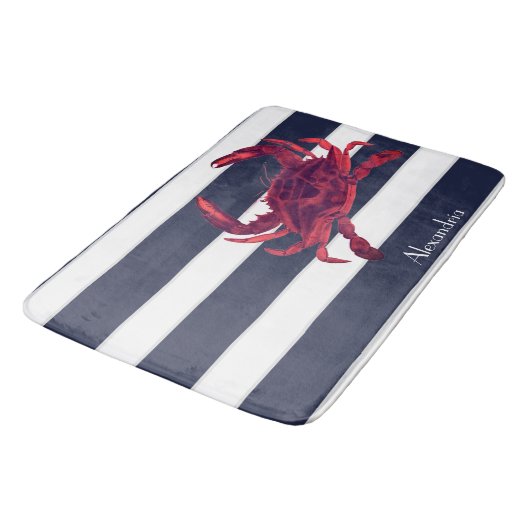 Nautical Red Crab Navy Blue White Stripes Badmat (Gekanteld)
