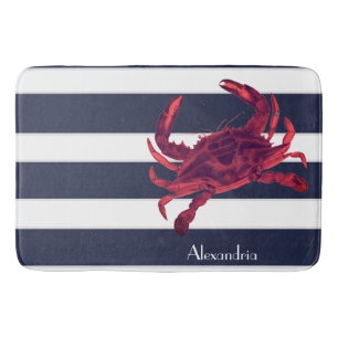 Nautical Red Crab Navy Blue White Stripes Badmat