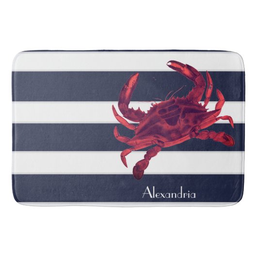 Nautical Red Crab Navy Blue White Stripes Badmat (Voorkant)