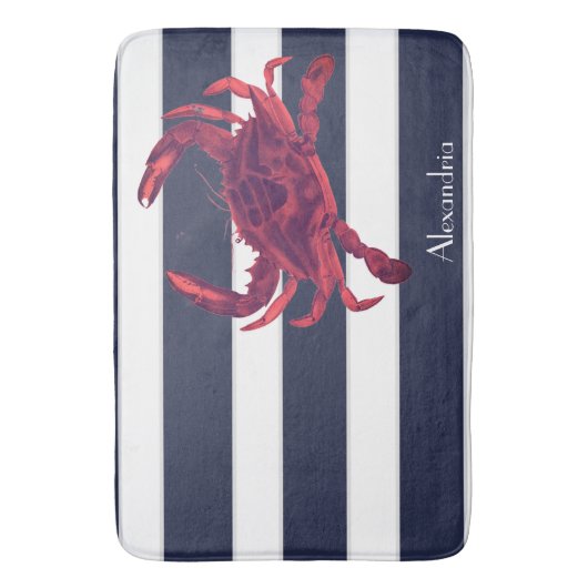 Nautical Red Crab Navy Blue White Stripes Badmat (Voorkant Verticaal)