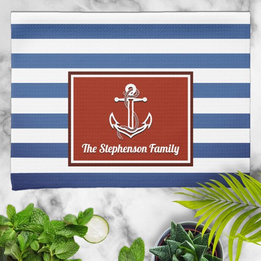 Nautical Red en Navy Striped gepersonaliseerd Theedoek