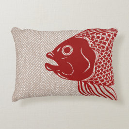 Nautical Red Fish Head & Taupe Herringbone Accent Kussen