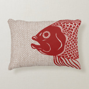 Nautical Red Fish Head & Taupe Herringbone Accent Kussen