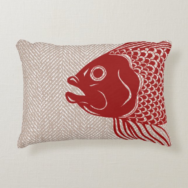 Nautical Red Fish Head & Taupe Herringbone Accent Kussen (Voorkant)