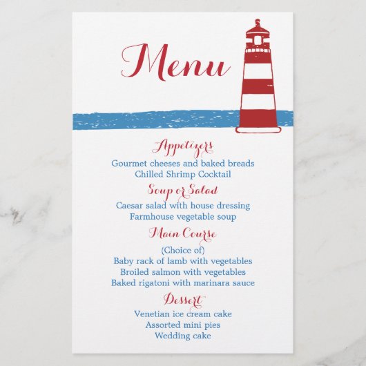 Nautical Red Lighthouse Blue Stripes Wedding Menu (Voorkant)