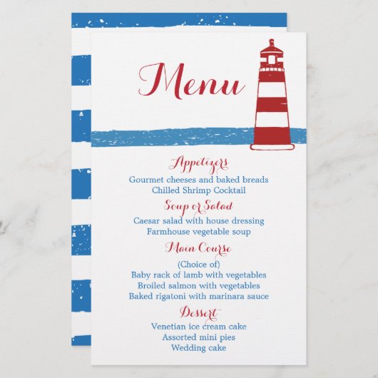 Nautical Red Lighthouse Blue Stripes Wedding Menu (Voorkant / Achterkant)