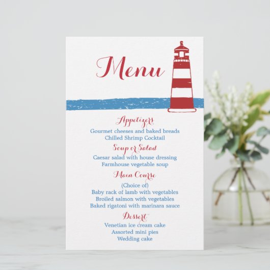 Nautical Red Lighthouse Blue Stripes Wedding Menu (Staand voorkant)