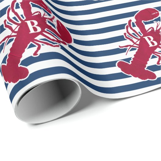 Nautical Red Lobster | Blauwe en witte streep | B Cadeaupapier (Rol Hoek)