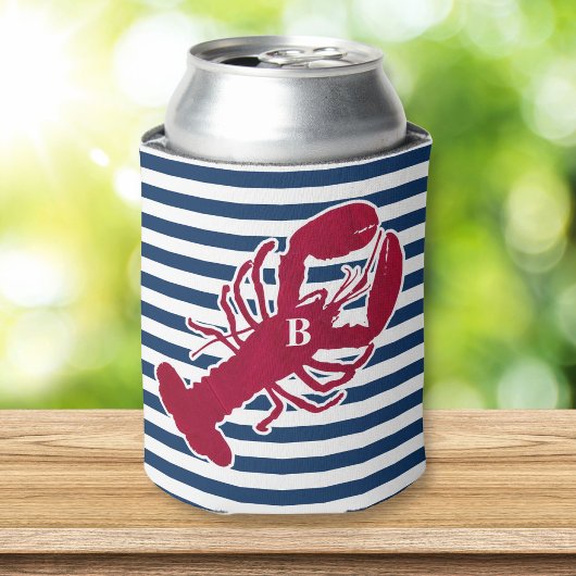 Nautical Red Lobster Monogram Blue White Stripe St Blikjeskoeler