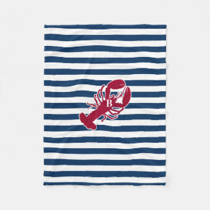 Nautical Red Lobster Monogram Blue White Stripe St Fleece Deken